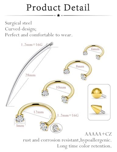 Oufksiyy Horseshoe Nose Ring Surgical Steel internal thread Double Gem Stud Nose Rings 16g Black Gold Lip Rings Cubic Zirconia Daith Septum Piercing Jewelry for Women Inner Diameter 6/8/10/12mm - color: gold horseshoe rings 16G 6-12MM