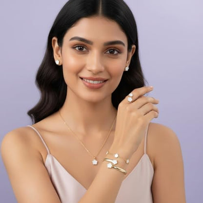 Clover Jewelry Set for Women Non Tarnish Gold-Tone Five Leaf Clover Necklace, Earrings, Ring, Bracelet Fashion Simple Floral Jewelry Set - color: White