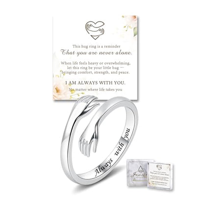 Sterling Silver Hug Ring for Women Teen Girls Adjustable Love Promise Ring Inspirational Open Rings Mothers Day Birthday Gift for Daughter Granddaughter Mom Wife Best Friend - color: Silver / Gift Box (Always with you)