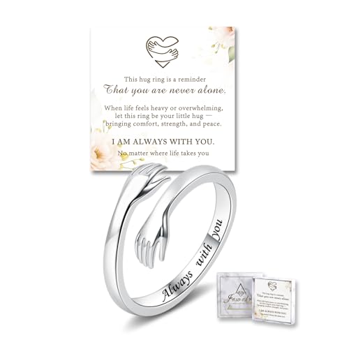 Sterling Silver Hug Ring for Women Teen Girls Adjustable Love Promise Ring Inspirational Open Rings Mothers Day Birthday Gift for Daughter Granddaughter Mom Wife Best Friend - color: Silver / Gift Box (Always with you)