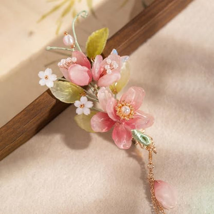 Wedding Hair Clips, Crystal Hair Pins Pearl Rhinestone Hair Barrettes, Bridal Flower Hair Pieces Pearl Headpieces Hair Accessories for Women Girls (Pink&Green) - color: Pink&Green
