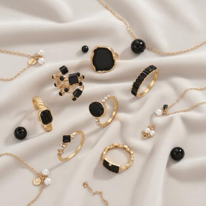 Chunky Gold Rings for Women Non Tarnish, Baroque Pearl Flower Tiger's Eye Stone Rings Adjustable Stacking Statement Rings Set Fashion Jewelry Gifts - style: All Black Set