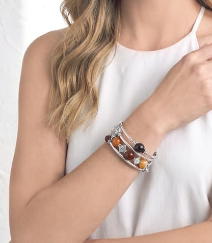 Beaded Pearl Bangle Wrap Bracelet - Fashion Bohemian Jewelry Multilayer Charm Bracelet with Thick Silver Metal Beads, Gift For Women - color: Brown