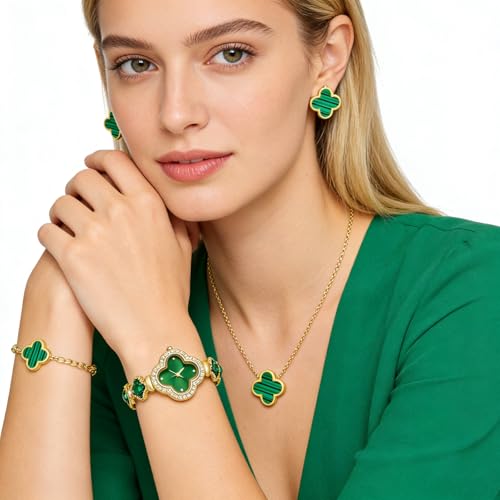 5 Pieces Lucky Clover Jewelry Set for Women Gold Jewelry Set 18K Gold Plated Flower Design Five Leaf Necklace Bracelet Ring Earrings for Women - color: Clover Green Watch