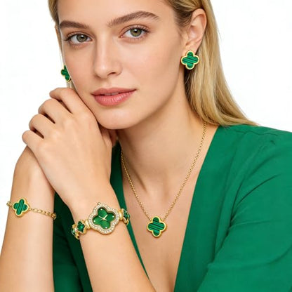 5 Pieces Lucky Clover Jewelry Set for Women Gold Jewelry Set 18K Gold Plated Flower Design Five Leaf Necklace Bracelet Ring Earrings for Women - color: Clover Green Watch
