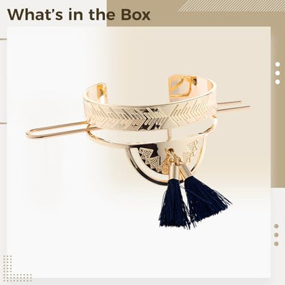 Women'S Decorative Hair Bun Holder, Tassel Hair Cuff And Round Top Hair Stick Bun Set, Metal Hair Cage