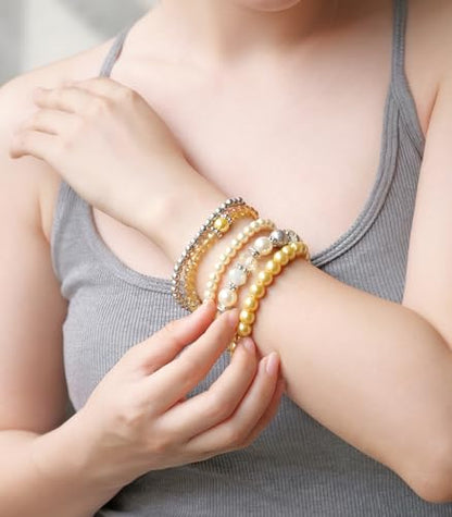 Noessla Beaded Pearl Stretch Bracelet Silver Stackable Crystal Beads Bracelets Trendy Costume Jewelry Mothers Day Gifts for Women - color: Yellow