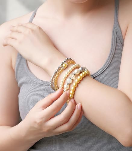 Noessla Beaded Pearl Stretch Bracelet Silver Stackable Crystal Beads Bracelets Trendy Costume Jewelry Mothers Day Gifts for Women - color: Yellow