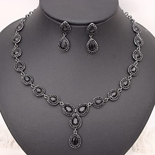 Austrian Crystal Rhinestone Necklace Dangle Earrings Link Bracelet Jewelry Set for Brides Bridesmaid Prom Costume Accessories for Women - color: Black-Gun Black