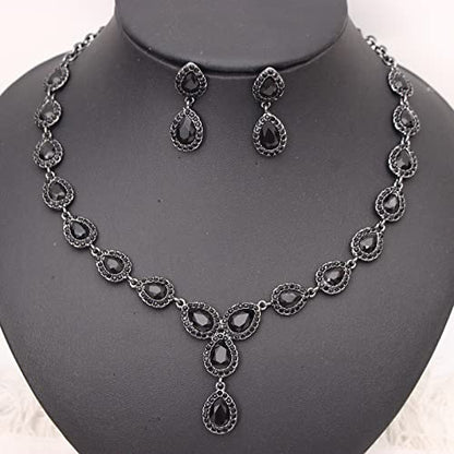 Austrian Crystal Rhinestone Necklace Dangle Earrings Link Bracelet Jewelry Set for Brides Bridesmaid Prom Costume Accessories for Women - color: Black-Gun Black