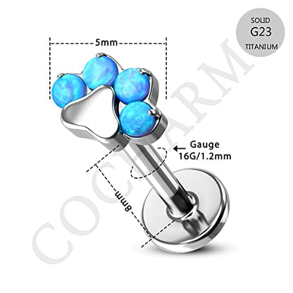 G23 Titanium Cartilage Earring Stud for Helix 16g Flat Back Dog Paw Cartilage Piercing Jewelry Front Top Screw Helix Tragus Earrings - color: Blue Opal Paw-8mm