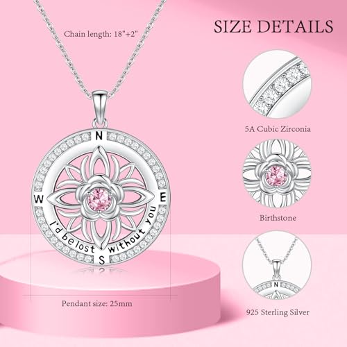 Compass Necklace Sterling Silver Nautical Graduation Gift | 925 Sterling Silver compass pendant with meaningful nautical design, jewelry for women, graduation and travel gift - color: Pink