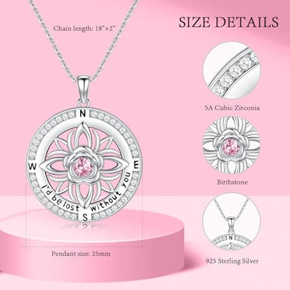 Compass Necklace Sterling Silver Nautical Graduation Gift | 925 Sterling Silver compass pendant with meaningful nautical design, jewelry for women, graduation and travel gift - color: Pink