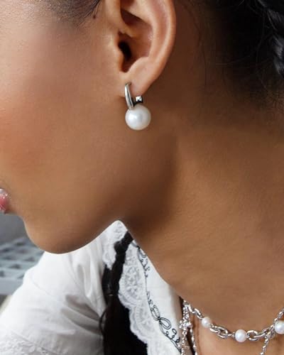 925 Sterling Silver Hoop Handpicked AAA+ Quality 7.5-8mm White Freshwater Cultured Pearl Dangle Drop Earrings Jewelry for Women - color: 7. Silver Plated Barrel