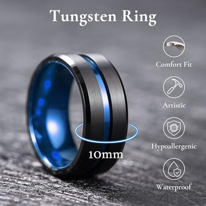 King Will Mens Tungsten Rings for Men Two Tone Grooved Mens Wedding Band Cool - color: Black & Blue 10mm