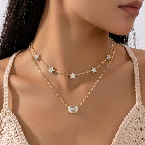 Coolkin 3 PCS Women Gifts Layered Gold Necklace for Women,14K Gold Plated Dainty CZ Pendant Layering Gold Necklaces Set Chain Choker Cubic Zirconia Necklace Trendy Jewelry Gifts - style: Rectangle CZ