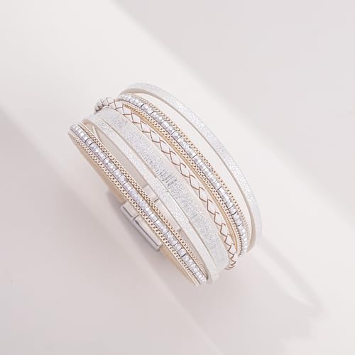 Boho Layered Leather Wrap Bracelets Chunky Western Country Hippie Jewelry | Stackable Bohemian Cowgirl Magnetic Clasp Cuff Bangle Set Fashion Stack Statement Festival Trendy Jewelry Gifts for Women - color: White