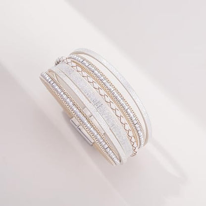 Boho Layered Leather Wrap Bracelets Chunky Western Country Hippie Jewelry | Stackable Bohemian Cowgirl Magnetic Clasp Cuff Bangle Set Fashion Stack Statement Festival Trendy Jewelry Gifts for Women - color: White