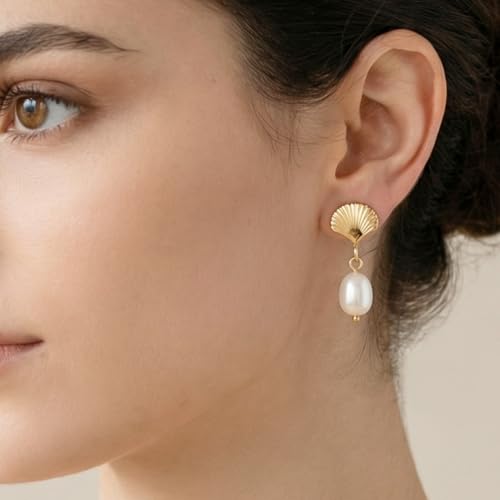 Pearl Earrings VeroSteel Dangle Earrings for Women, Dainty 14k Gold Huggie Hoop Earrings with Pearls, Trendy Pearl Drop Earrings, Stainless Steel Hypoallergenic Stud Earrings For Sensitive Ears - style: Shell