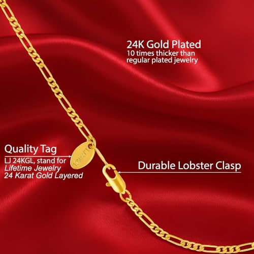 LIFETIME JEWELRY Womens Gold Anklet 2.5mm Figaro Chain Ankle Bracelets 24K Gold Plated - color: Gold
