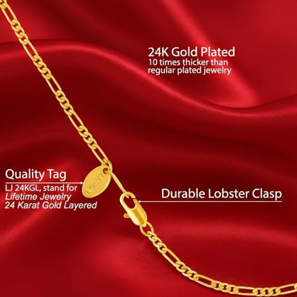 LIFETIME JEWELRY Womens Gold Anklet 2.5mm Figaro Chain Ankle Bracelets 24K Gold Plated - color: Gold