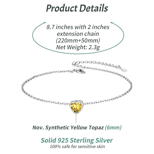 ChicSilver 925 Sterling Silver Anklets for Women, Simple Dainty Round/Heart Birthstone Ankle Bracelet Beach Foot Jewelry, 8.7-10.7 Inch Adjustable - color: 11. Heart - November(Yellow Topaz)