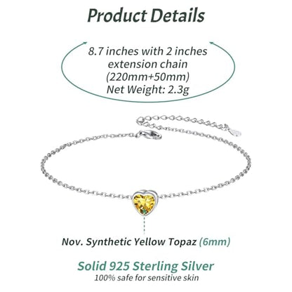 ChicSilver 925 Sterling Silver Anklets for Women, Simple Dainty Round/Heart Birthstone Ankle Bracelet Beach Foot Jewelry, 8.7-10.7 Inch Adjustable - color: 11. Heart - November(Yellow Topaz)