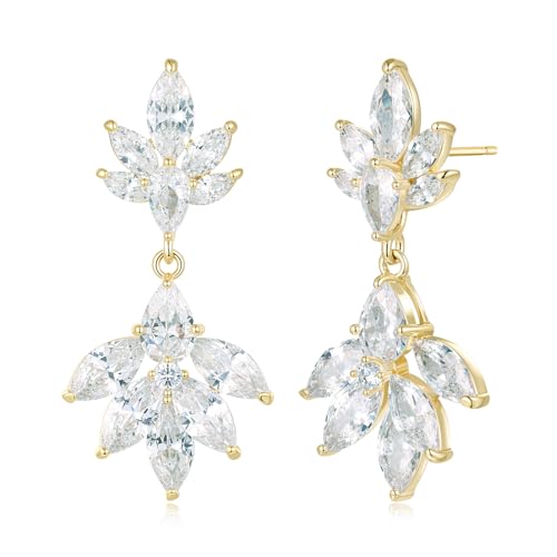 Gemsme Bridal Wedding Earrings for Brides Bridesmaides, 925 Sterling Silver Posts hypoallergenic Cubic Zirconia stud,Drop & Dangle Earrings for Women Jewelry Gifts - color: Gold - Leaf Drop Earrings