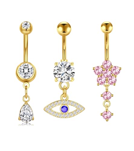 QWALIT Belly Button Rings 14G Surgical Steel Belly Rings CZ Opal Navel Piercing Jewelry for Women Girls 3/8" 10mm Silver Rose Gold - color: Gold