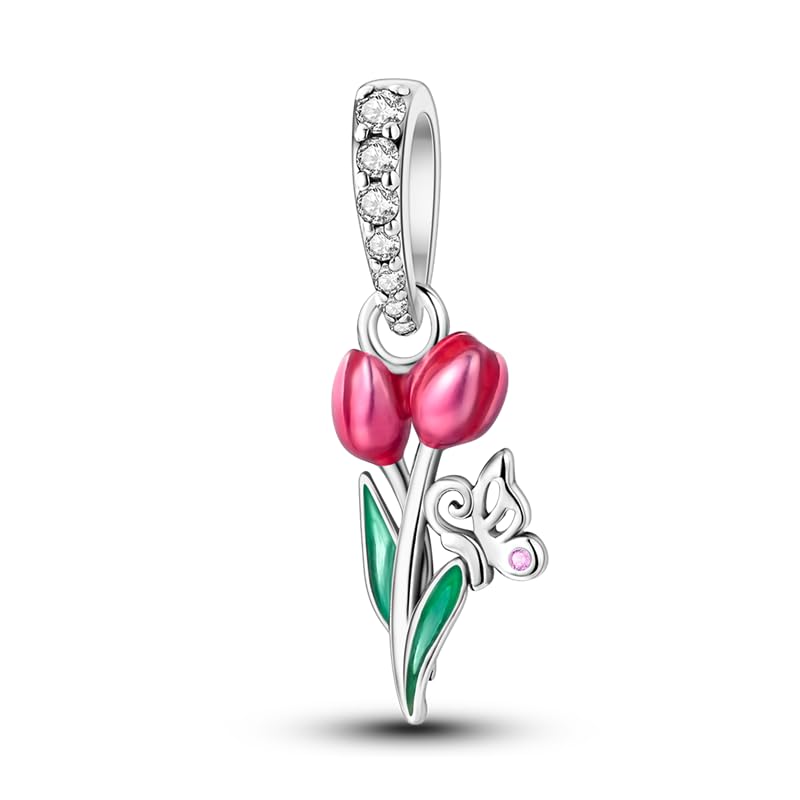 925 Sterling Silver Charm for Bracelet Necklace Women Dangle Pendant Beads | Love Faith Mom Ocean travel Butterfly Party Charm Beads Pendants DIY Jewelry Gift - color: tulip butterfly charm