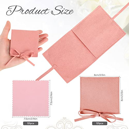 120 Pcs Microfiber Jewelry Pouch 8 x 8cm Jewelry Packaging Bag Gift Bow Tie Bracelet with Cleaning Cloth(Pink) - color: Pink