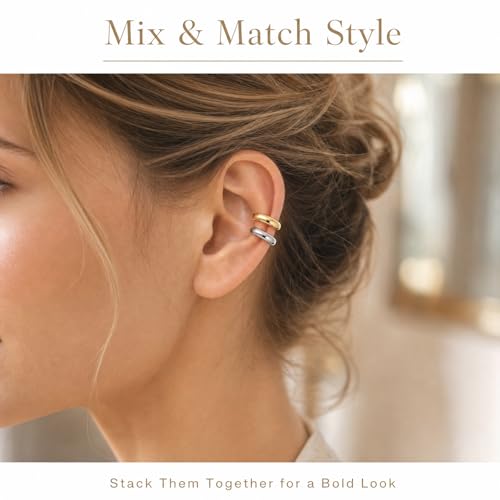 2 Pairs Chunky Ear Cuff Earrings Non Piercing for Women | Gold & Silver Thick Round Lightweight Minimalist Ear Cuffs Fashion Jewelry