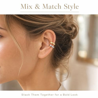 2 Pairs Chunky Ear Cuff Earrings Non Piercing for Women | Gold & Silver Thick Round Lightweight Minimalist Ear Cuffs Fashion Jewelry