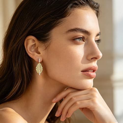 Sylph 14K 18K Gold Plated Chandelier Earrings for Women, Long Tassel Earring Huggie, Silver Leaf Dangle Drop Earrings, Dainty Bohemian Jewelry Gifts for Wedding Everyday Wear - color: D-Lightweight Feather Earrings Gold Plated