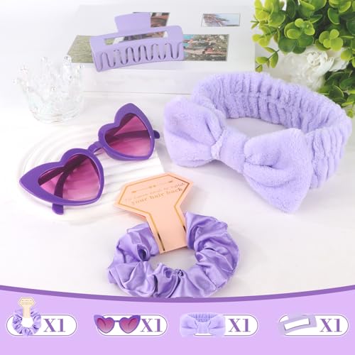 Semato 4 Pcs purple Bridesmaid Proposal Gifts Bridesmaid Spa Headband, Hair Claw Clips, Heart Shaped Sunglasses and Smooth Satin Scrunchies - color: Purple