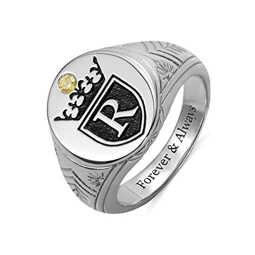 Getname Necklace Initial Signet Ring Sterling Silver King Crown Monogram Ring - Custom Engraved Alphabet Rings for Man - Personalized Mens Signet Ring Silver Gold