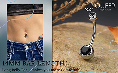 OUFER Titanium Belly Button Rings, Internally Threaded Belly Ring, Round CZ Navel Rings for Women Men - color: Black CZ, size: 1.6*10MM