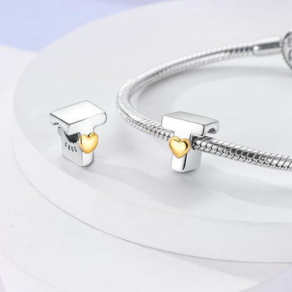 Women 925 Sterling Silver Charms A-Z Heart Letters Beads Pendant for Bracelets Women Fit Pandora Bracelets Hypoallergenic Beads - color: T