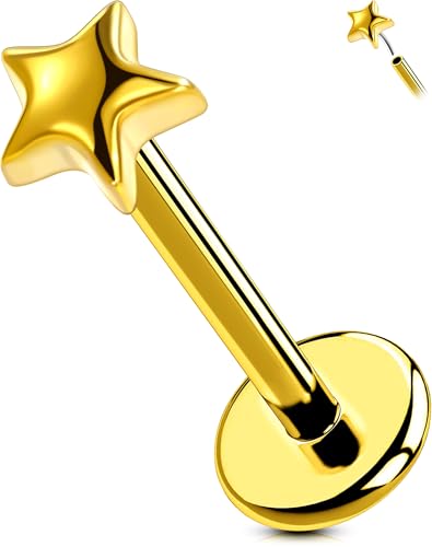 OUFER G23 Titanium Threadless Labret Studs – Flat Back Push Pin Earrings for Tragus, Helix, Monroe, Conch, Lip Piercing – 16G/18G, 6MM/8MM - color: Gold-5Star, size: 16g 12mm