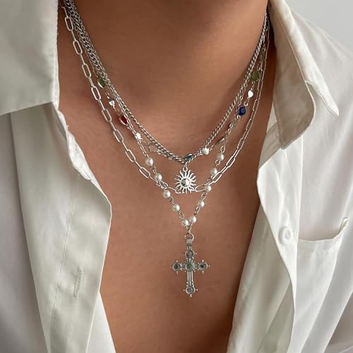 Cross Necklace for Women Gold Layered Long Cross Pendant Necklace Pearl Lariat Statement Necklaces Christian Gifts - color: C2:silver