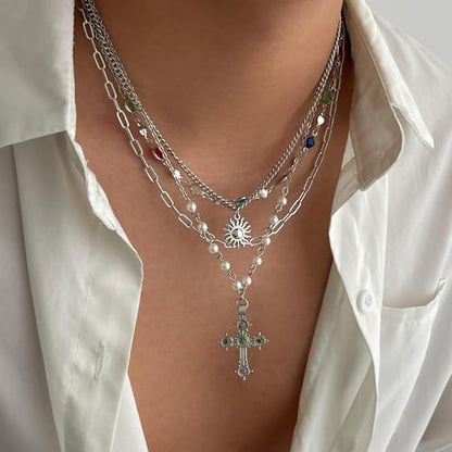 Cross Necklace for Women Gold Layered Long Cross Pendant Necklace Pearl Lariat Statement Necklaces Christian Gifts - color: C2:silver