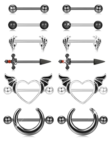 JOERICA 6 Pairs 14G Nipple Rings for Women 316L Stainless Steel Heart Butterfly Moon CZ Flower Barbell Nipple Rings Set Cute Nipplerings Piercing Jewelry - color: Black Tone