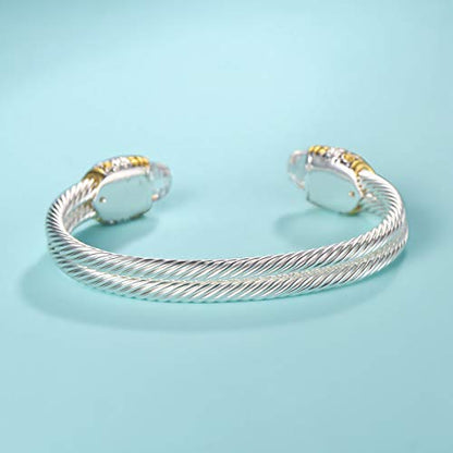 Designer Inspired Jewelry Double Cable Wire Facet CZ Antique Bangle Elegant Beautiful - color: White