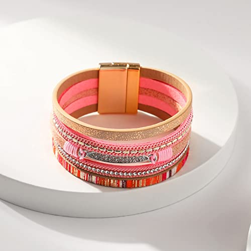 Long tiantian Boho Western Bracelets for Women Leather Wrap Bracelets Turquoise Bracelet Western Jewelry Country Concert Outfits - color: all weather bangles(pink)