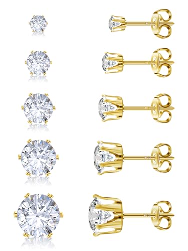 925 Sterling Silver Stud Earrings Set of 5 Pairs Hypoallergenic 18K Gold Cubic Zirconia Earrings for Women Men Sparkling Fancy Gift - color: Premium version - Yellow Gold - 5 pairs