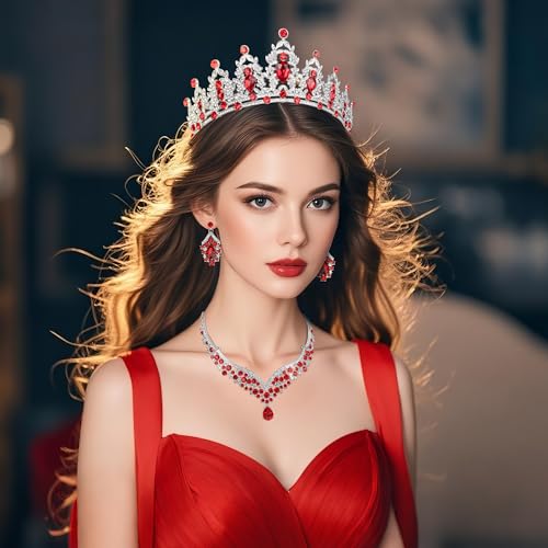 Crowns and Tiaras jewelry sets for Wedding princess birthday party Halloween Prom Pageant Jewelry for Women Crystal Bridal Jewelry Set for women - color: Silver Red