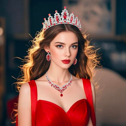 Crowns and Tiaras jewelry sets for Wedding princess birthday party Halloween Prom Pageant Jewelry for Women Crystal Bridal Jewelry Set for women - color: Silver Red
