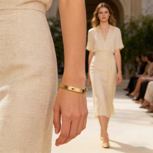 Gold Plated Stainless Steel Bangle Bracelet for Women Green Crystals Cuff | Minimalist Stacking Wristband Gift for Everyday and Formal Dress Wear