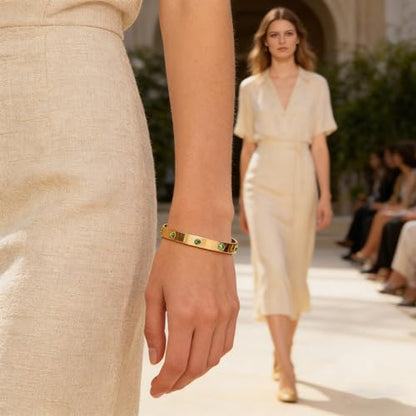 Gold Plated Stainless Steel Bangle Bracelet for Women Green Crystals Cuff | Minimalist Stacking Wristband Gift for Everyday and Formal Dress Wear