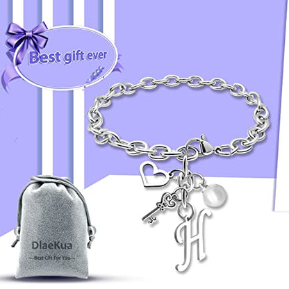 Initial A-Z Bracelets Gift for Women Girls Stainless Steel Chain Bracelet 26 Alphabet Jewelry Gifts for Birthday Anniversary Letter Bracelet Monogram Gifts for Sister Friend Girlfriends Mom 8.26 Inch - color: H